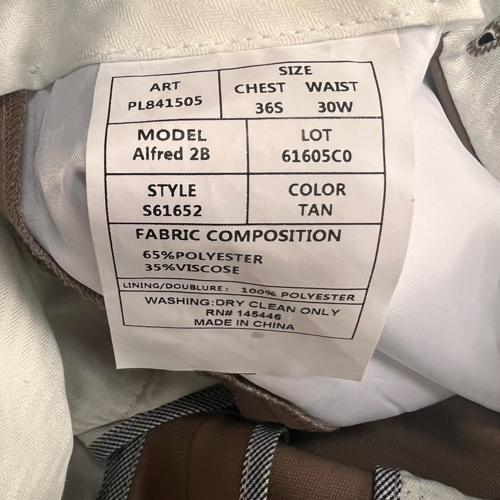 Pierre Loren -Alfred 2B-2 Piece Tan Suit 36 Short 30” Waist Pants NWT - Picture 11 of 11